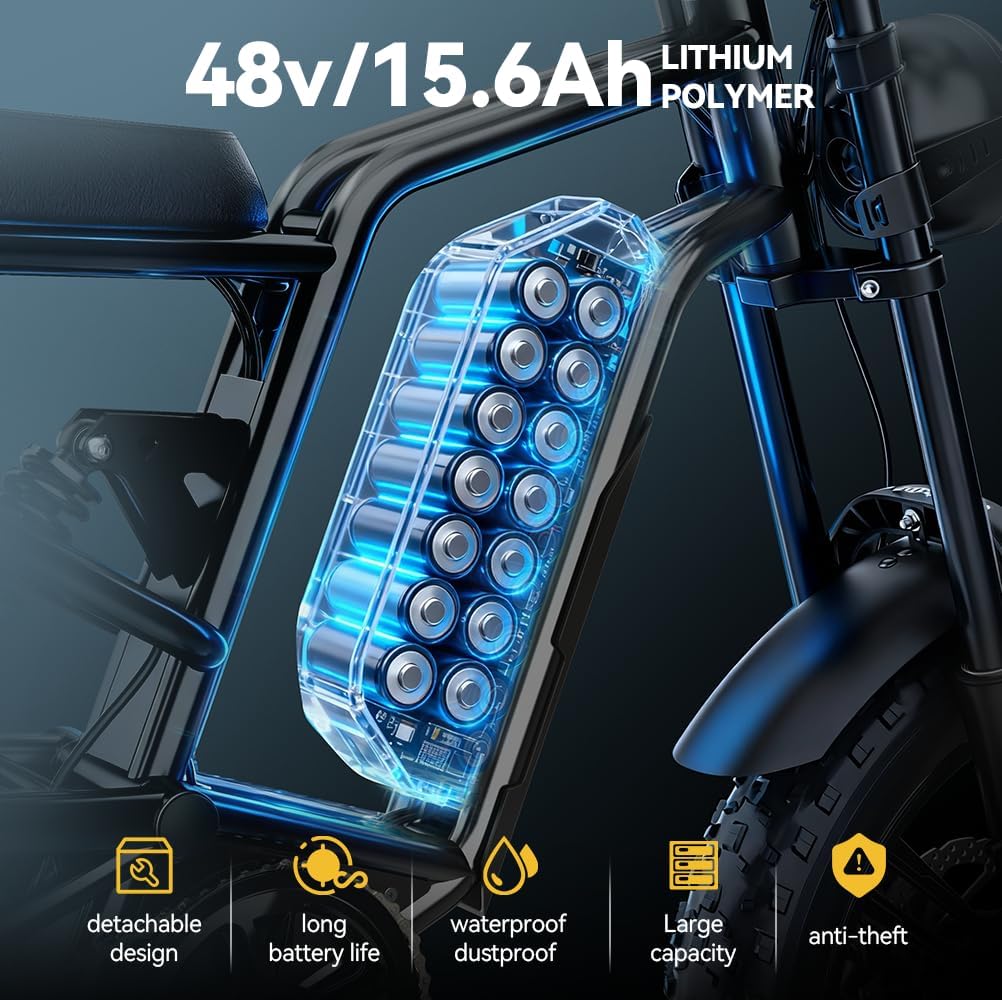 20" Fat Tire Electric Bike for Adults, 48V 15.6Ah Removable Battery, 80KM Range, 7-Speed E-Bike with Dual Suspension
