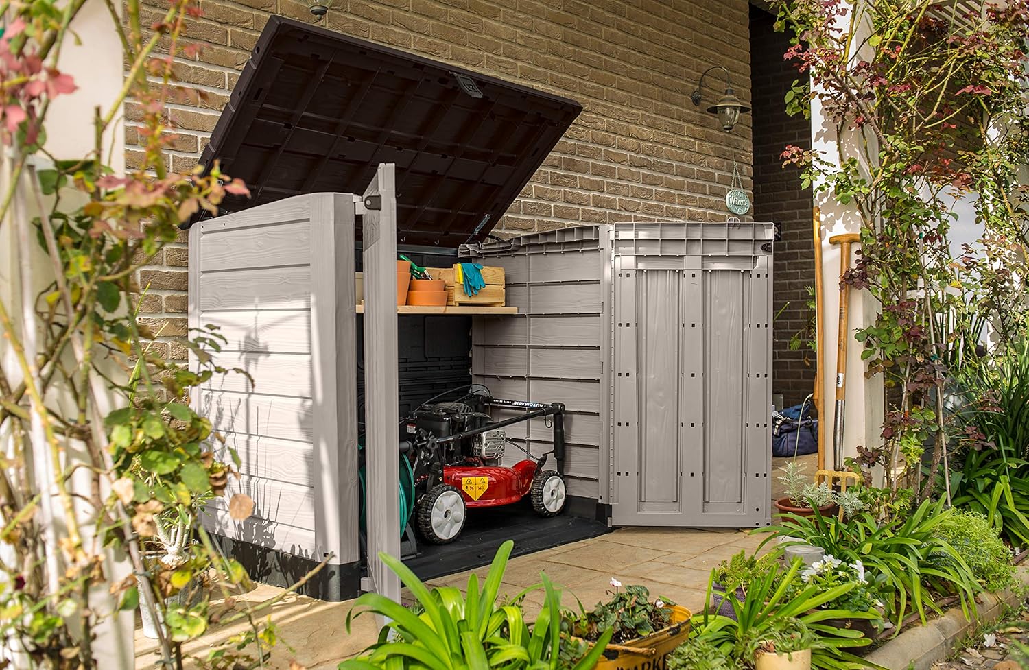 1200L Outdoor Garden Storage Box with Hinged Doors & Lift-Up Lid
