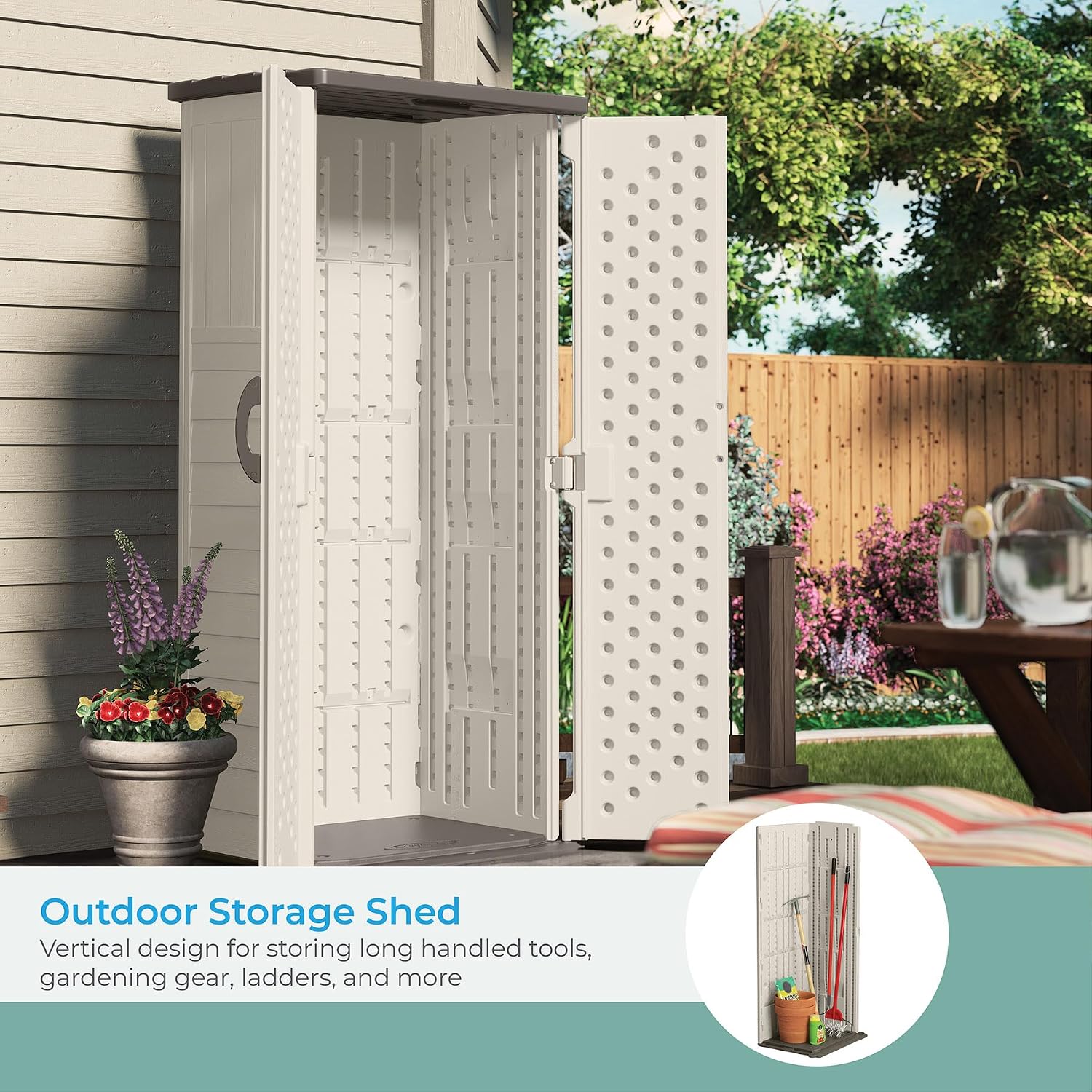 Vertical Outdoor Storage Shed Weather Resistant Resin Garden Tool Cabinet