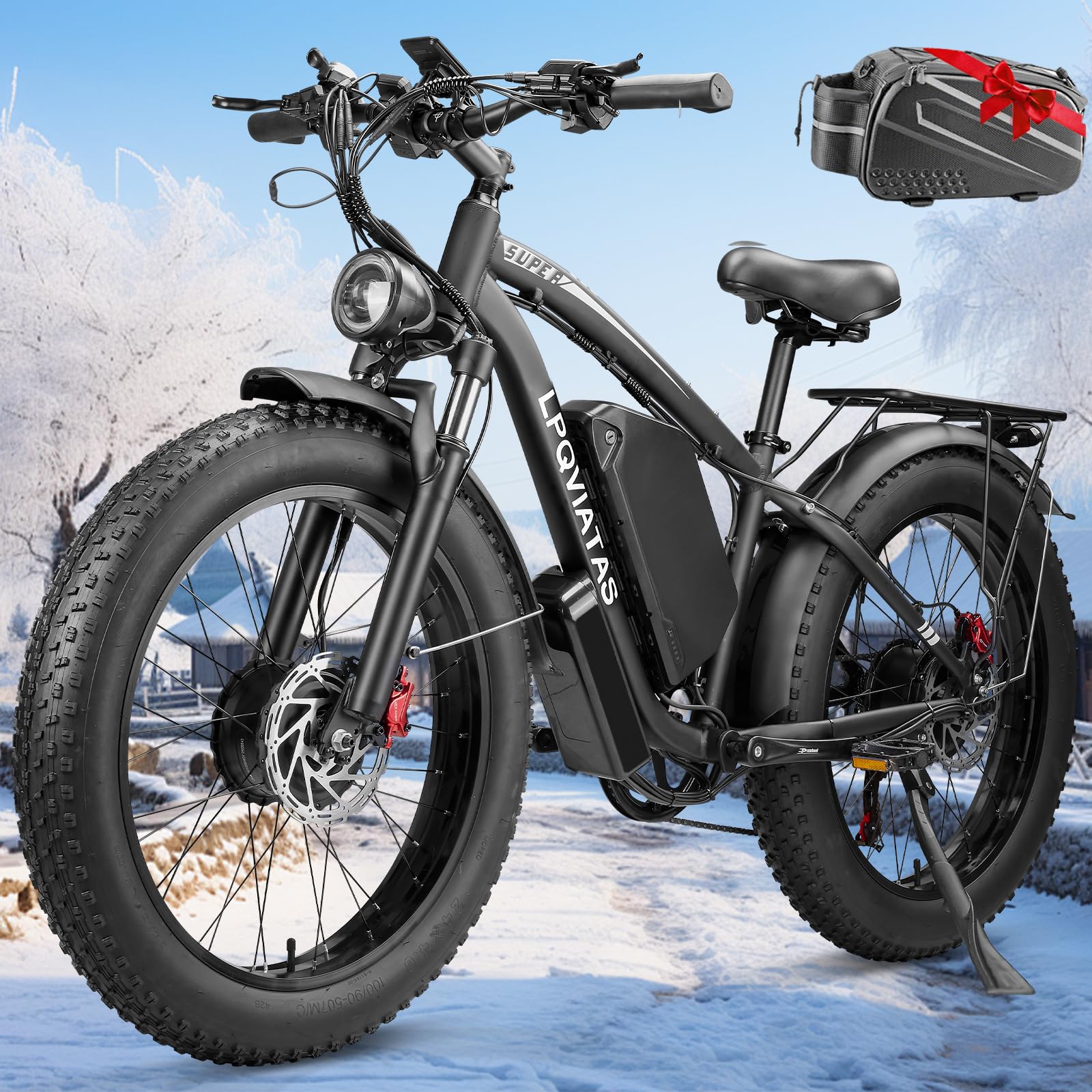 Electric Bicycle with Dual Motor Assist, Removable 52V Battery, 7-Speed Gears, 24-Inch Fat Tires